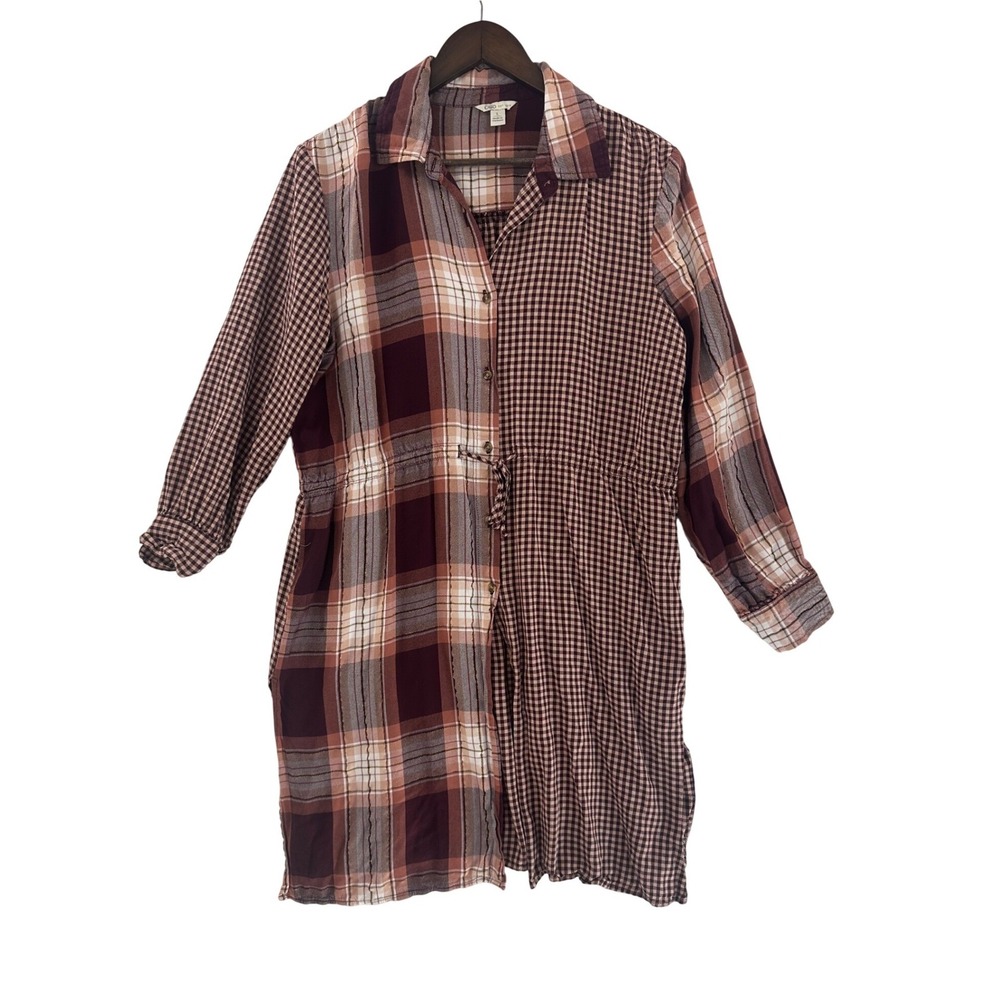 Cato Womens Plaid Gingham Mixed Media Shirt Dress Burgundy‎ Tan Large L